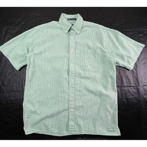 VTG John‎ Ashford Mens M Shirt Green Check Seersucker 100% Cotton Button Down SS